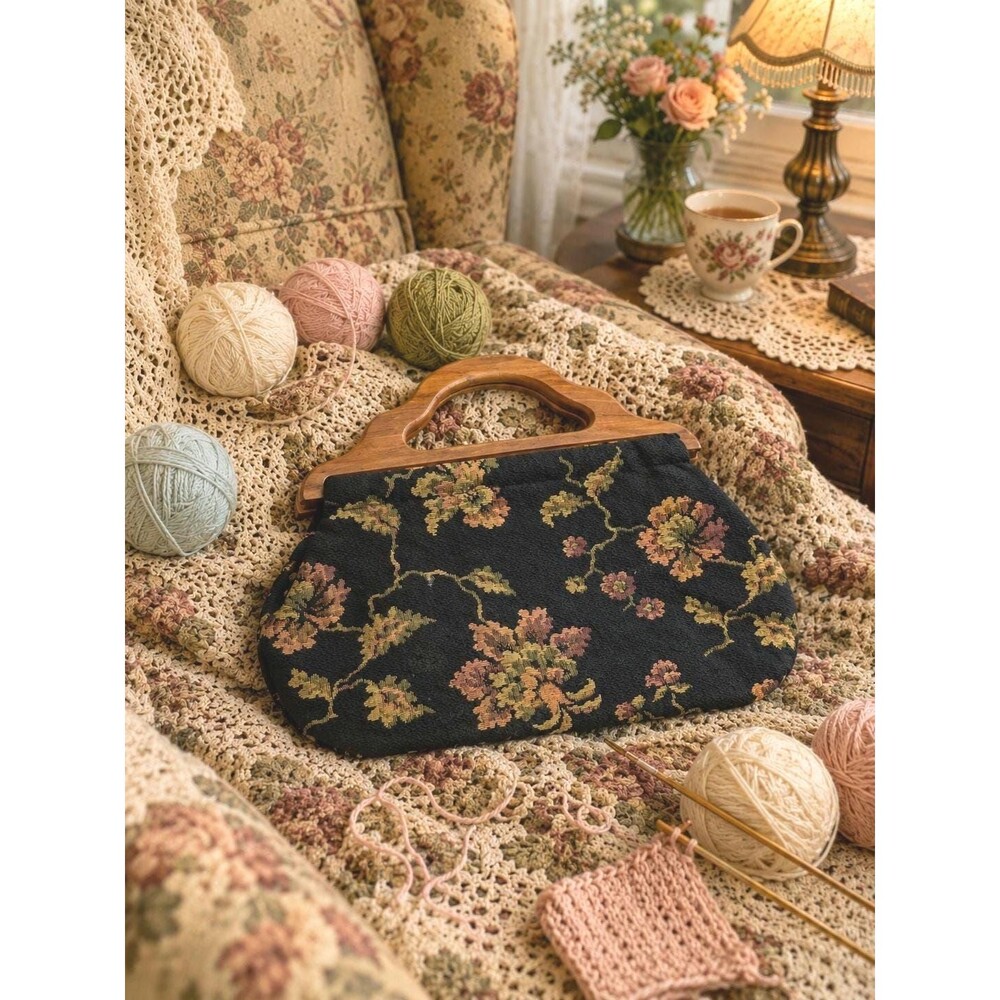 Vintage 1970s Carpet Bag Black Floral Tapestry Handbag Wooden Frame Cottagecore
